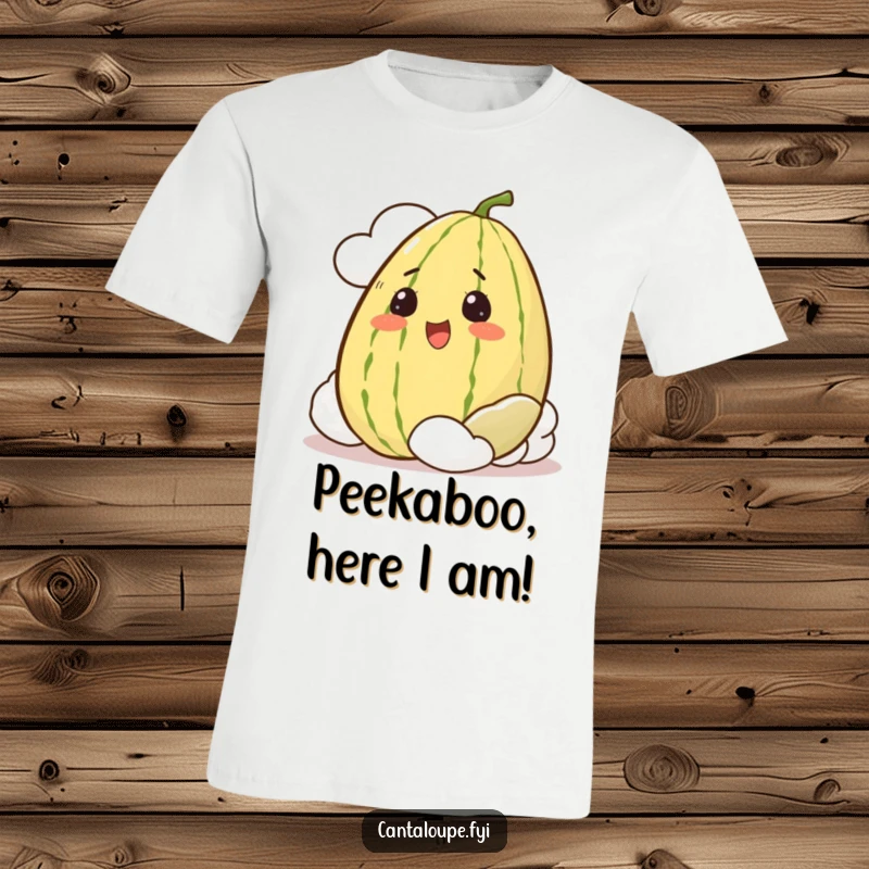 Funny T-Shirt featuring a whole, excited cantaloupe character partially hidden behind a cloud, with eyes full of wonder.
