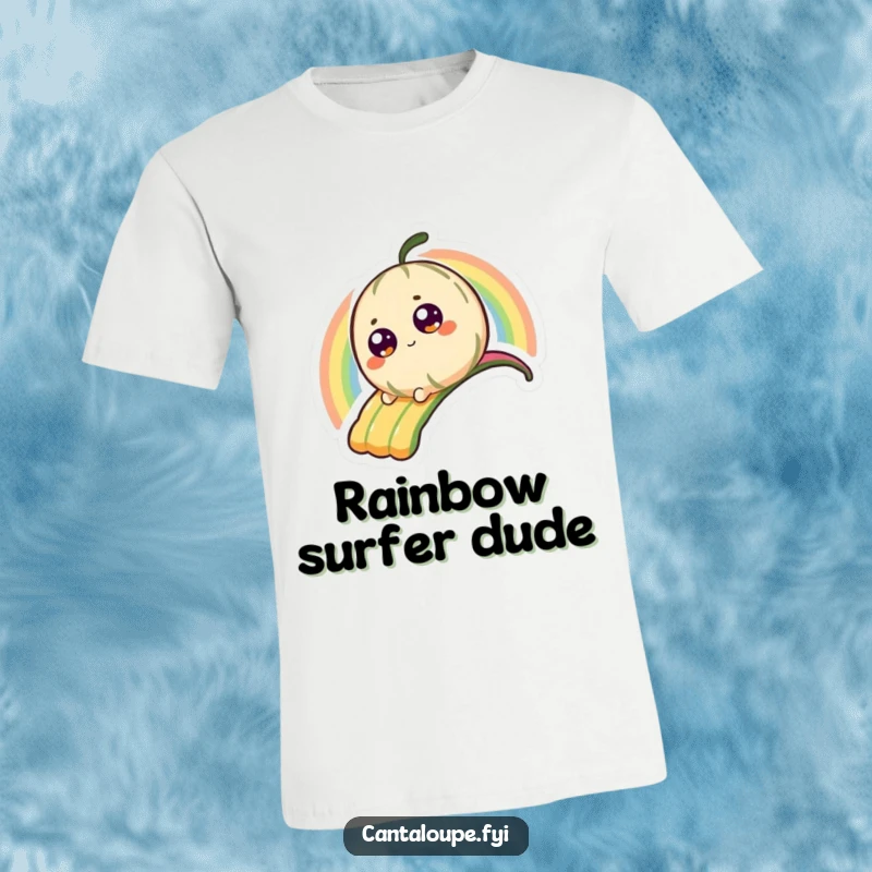 Funny T-Shirt with a tiny, wide-eyed cantaloupe character joyfully sliding down a vivid, multi-colored rainbow.