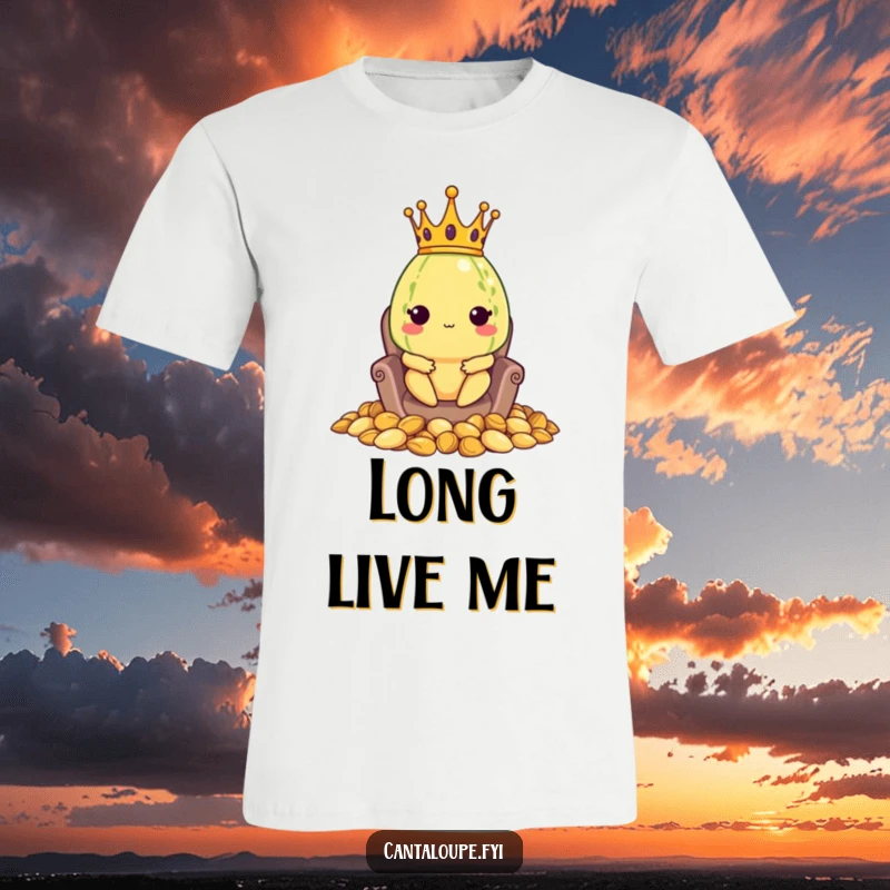 Funny t-shirt featuring a cantaloupe character wearing a golden crown, sitting majestically on a throne constructed entirely of cantaloupe seeds.