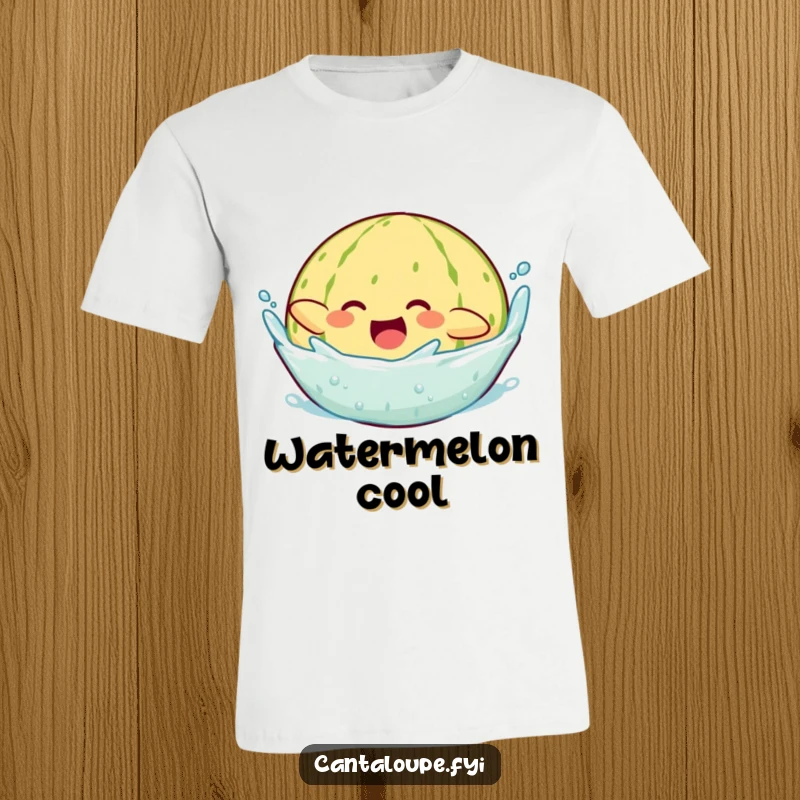 Funny t-shirt showing a cantaloupe character gleefully diving into water, captured mid-splash with a joyous expression.