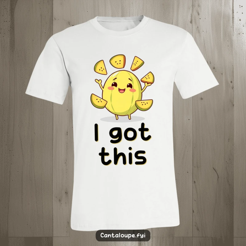 Funny t-shirt depicting a grinning cantaloupe character skillfully juggling several slices of itself in mid-air, performing an impressive self-act.