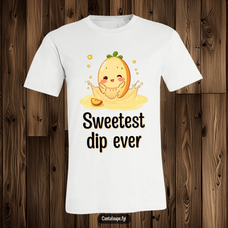 Funny T-Shirt: Cantaloupe character playfully splashing in a pool of sweet juice, radiating summer fun and sheer delight.