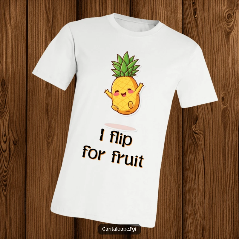Funny Pineapple T-Shirt: A cheerful pineapple chunk character executing a playful somersault, showcasing a fun and active personality.