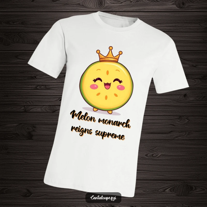 Funny t-shirt featuring a delighted cantaloupe slice character wearing a tiny crown, embodying a fun and regal attitude.