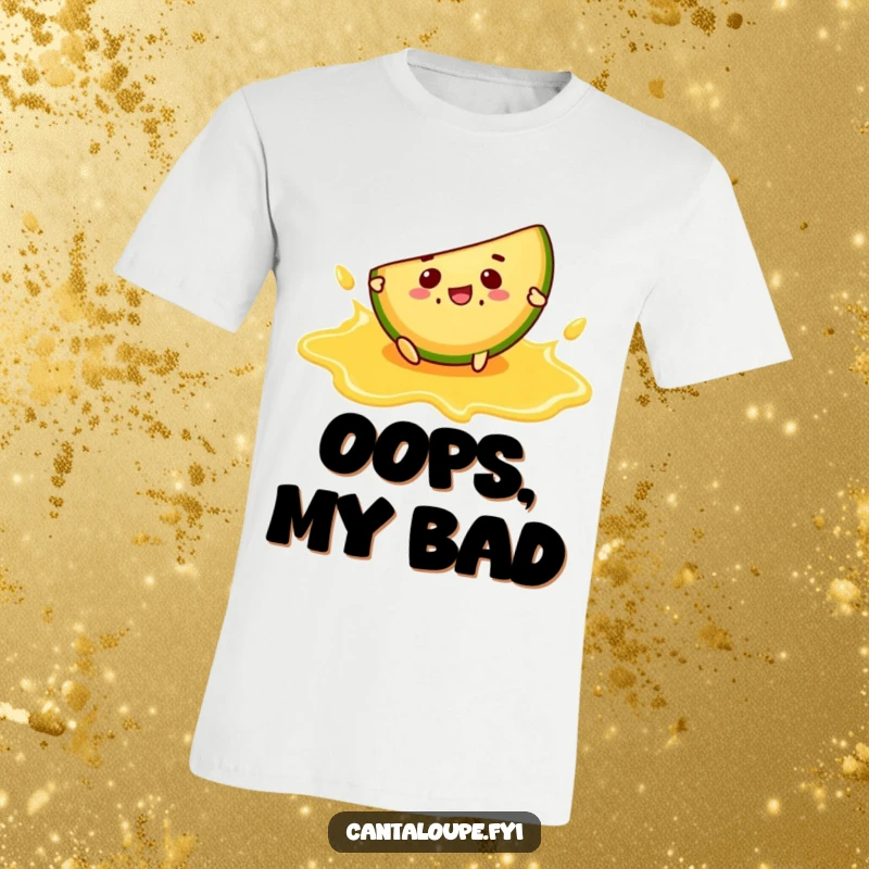 Funny t-shirt depicting a cantaloupe slice character comically slipping, arms flailing, on a slippery puddle of juice.