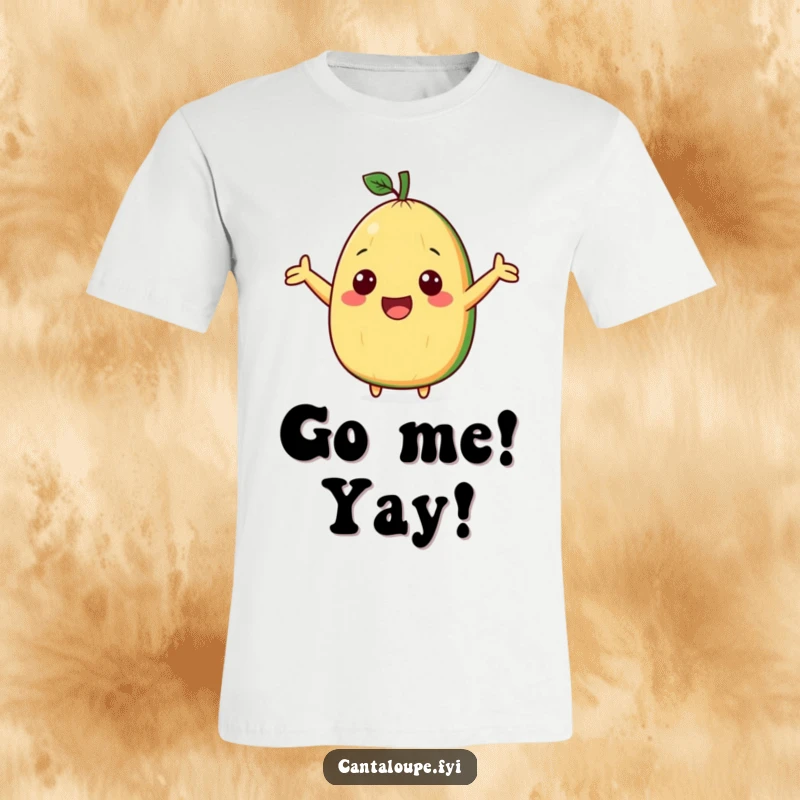 Funny t-shirt depicting a cute cantaloupe wedge character with arms raised in a V-shape, cheering joyfully.