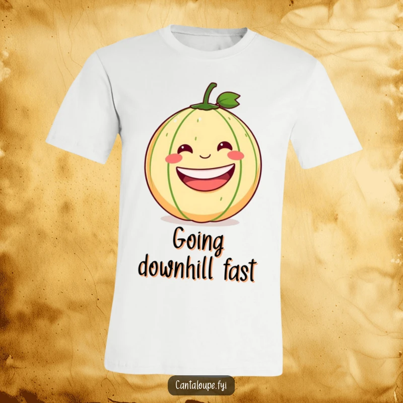 Funny Cantaloupe T-Shirt: A cheerful cantaloupe with a massive grin is shown rolling downhill, capturing a moment of pure fun.