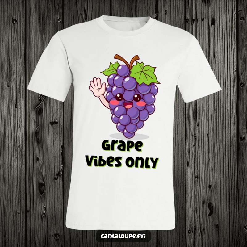 Funny t-shirt featuring a cute grape bunch character giving a friendly wave, perfect for spreading cheer and fruity fun.
