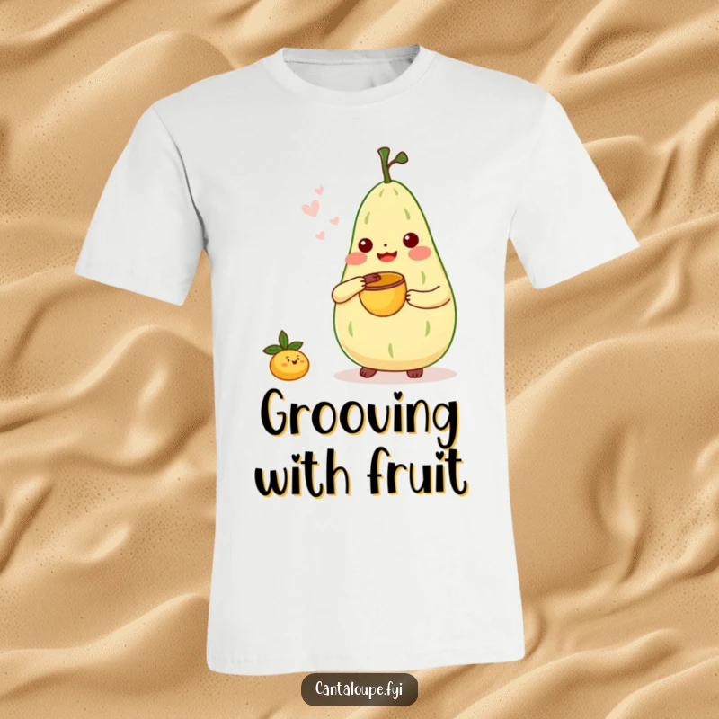 Funny T-Shirt: A cantaloupe character enthusiastically playing a tiny bongo drum with a melon scoop, celebrating rhythm and fruit.