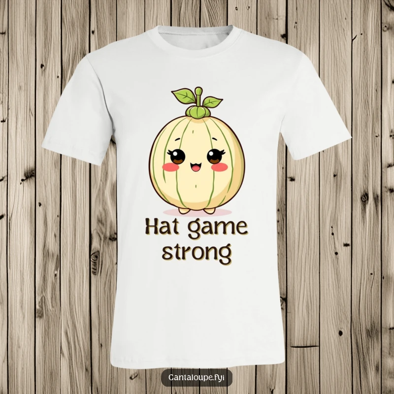 Funny T-Shirt: Cantaloupe character wearing a small stem hat with great pride, showcasing adorable fruity fashion.