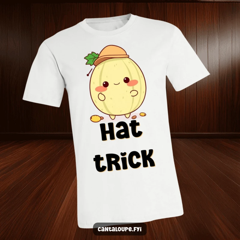 Funny Cantaloupe Juggler T-Shirt: A happy cantaloupe character adorned with a tiny hat and actively juggling its seeds, showcasing a fun talent.