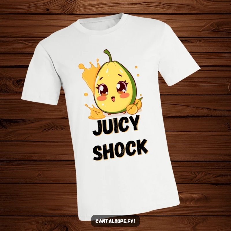Funny Surprised Cantaloupe T-Shirt: A cantaloupe character with huge, startled eyes, recoiling from a sudden splash of its own juice, showcasing shock.