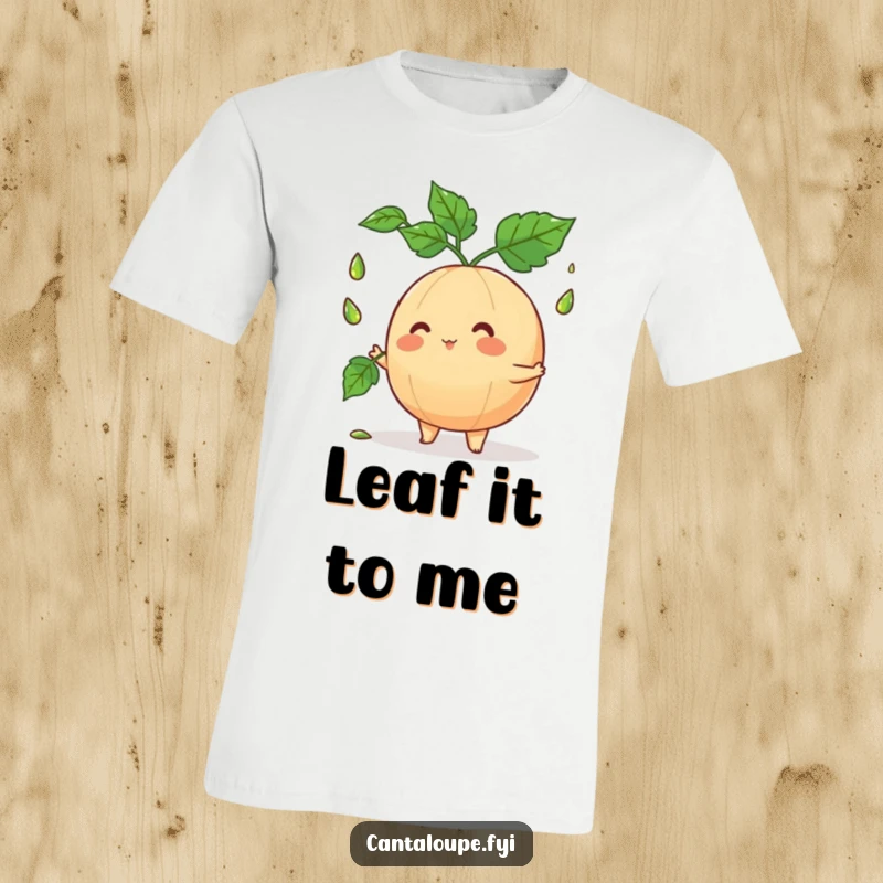 Funny cantaloupe character mid-juggle with dewy leaves, radiating joy and athleticism, printed on a comfortable tee for maximum chuckles.