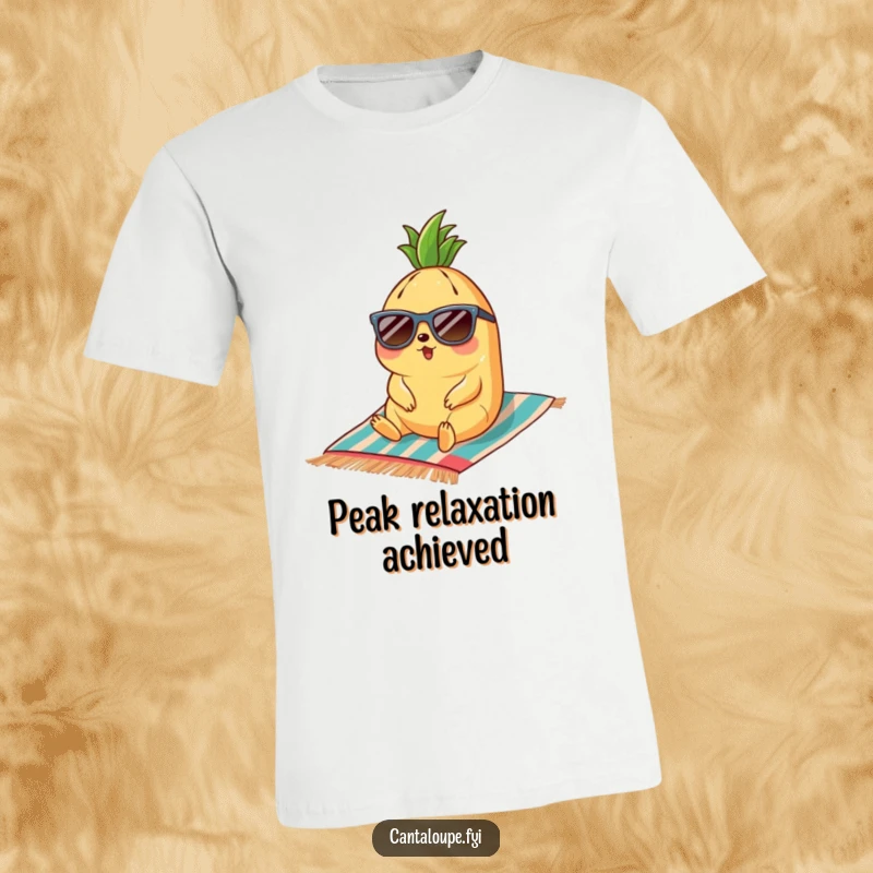 Funny cantaloupe character in sunglasses relaxing on a beach towel, radiating cool and chill summer vibes.