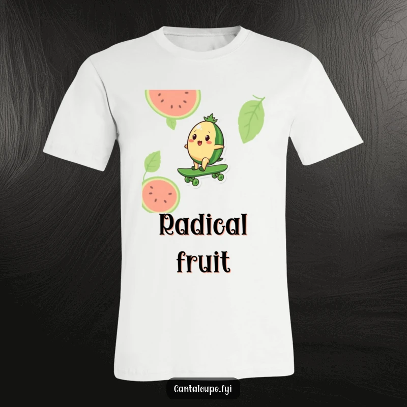 Funny t-shirt depicting a cantaloupe character balancing on a giant watermelon, using it as a skateboard for an epic fruit-fueled ride.