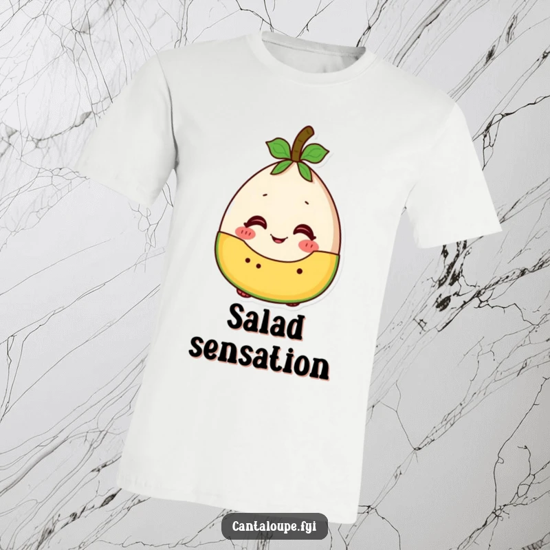 Funny cantaloupe character expressing pure excitement about being in a fruit salad, a humorous t-shirt for sociable fruit lovers.