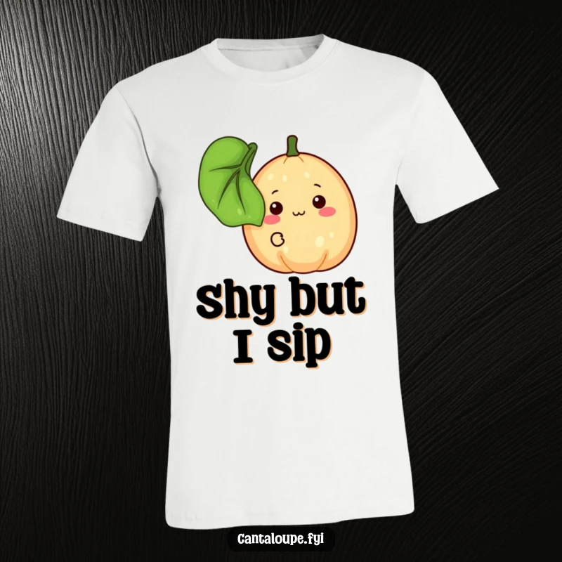 Funny T-Shirt: A timid cantaloupe peeks shyly from behind a large leaf with a gentle smile. A cute funny gift.