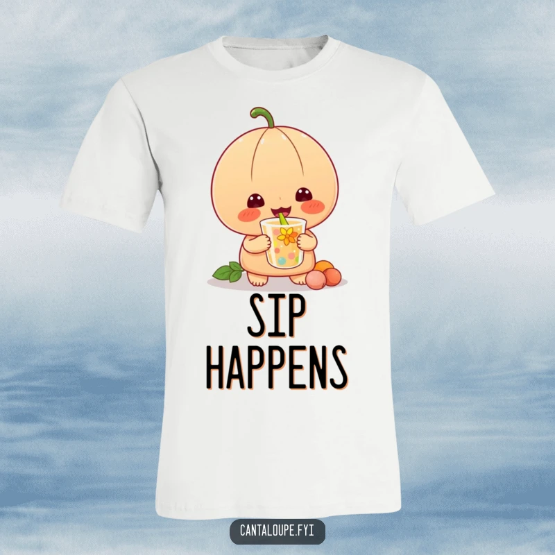 Funny t-shirt depicting a content anthropomorphic cantaloupe character with eyes closed, enthusiastically slurping a colorful drink.