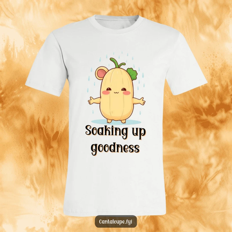 Funny cantaloupe character enjoying a soft rain shower, arms outstretched in a T-shirt, exuding happiness and refreshment.