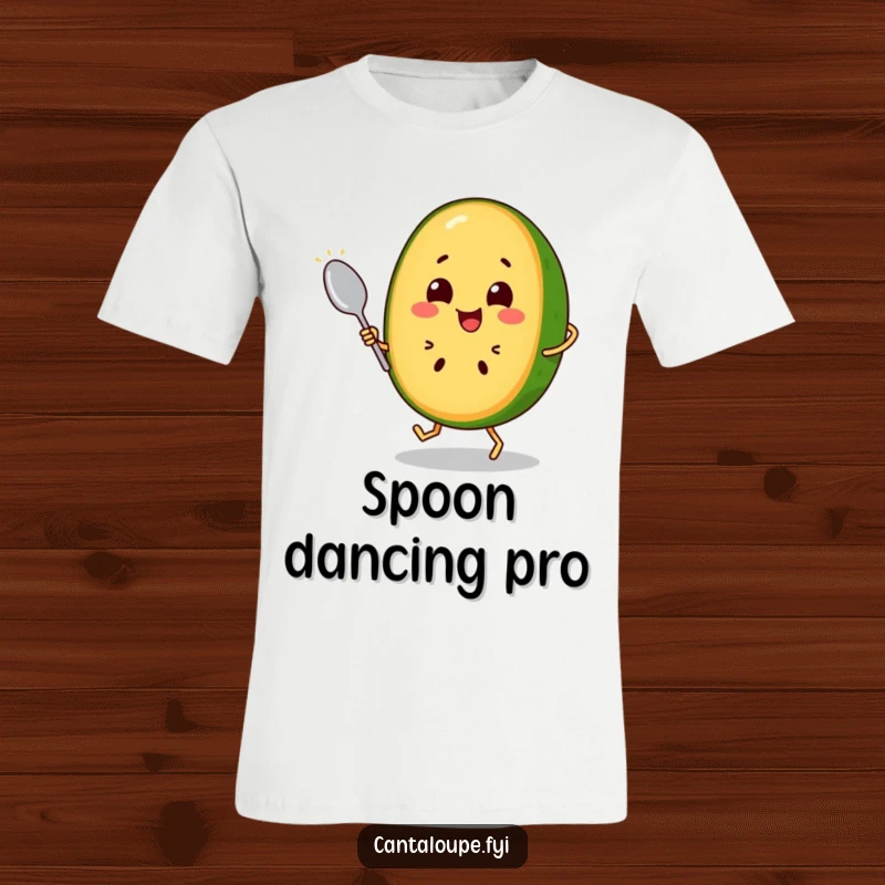 Funny Cantaloupe Slice T-Shirt: A happy cantaloupe character dances with a spoon, showcasing energetic fun and a love for rhythm. Wear your joy.