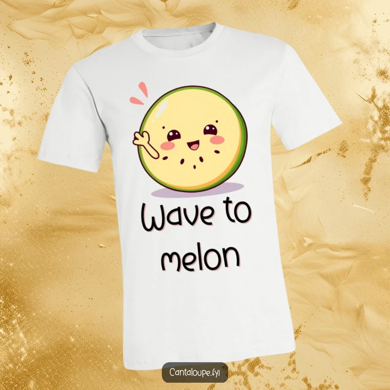 Funny t-shirt featuring a smiling cantaloupe slice character giving a friendly and refreshing wave.
