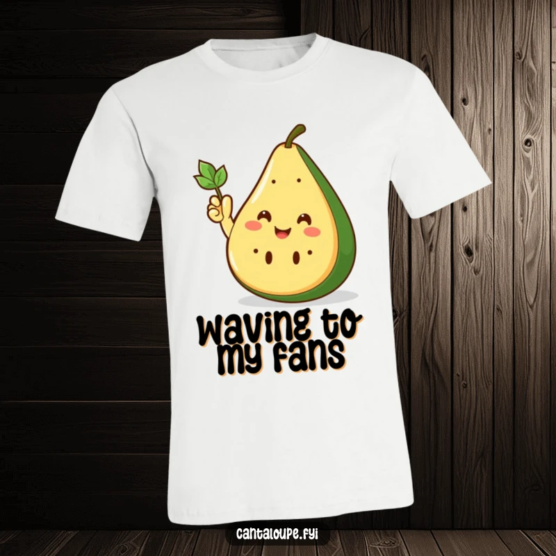 Funny T-Shirt with a smiling cantaloupe wedge giving an enthusiastic wave using its small, green leafy hand, full of joy.