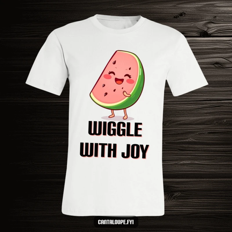 Funny t-shirt featuring a smiling watermelon wedge character wiggling enthusiastically, embodying summer fun and fruity delight.