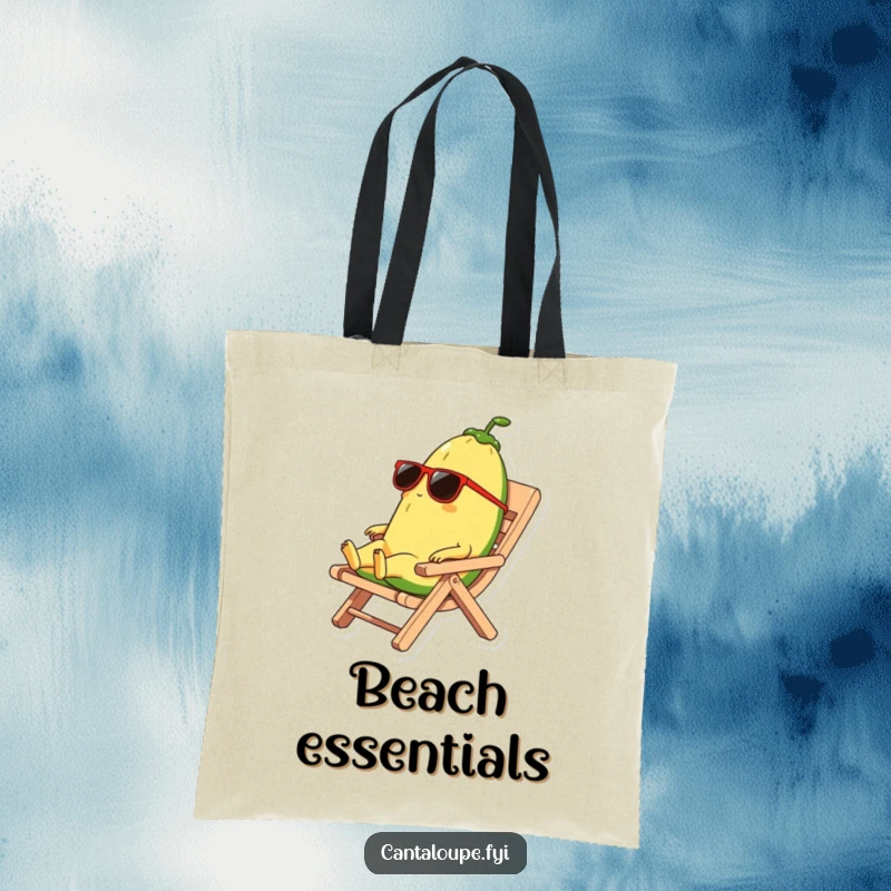 Funny tote bag featuring a cantaloupe character in sunglasses relaxing on a rind beach chair, ready for a day of leisure.