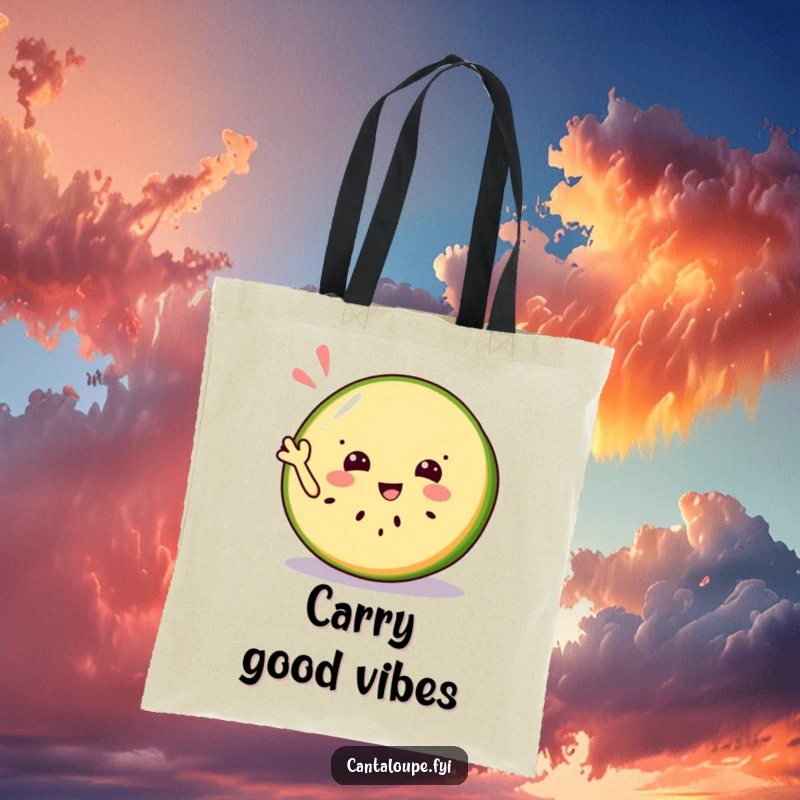 Funny tote bag featuring a jolly cantaloupe slice character offering a refreshing and friendly wave to passersby.