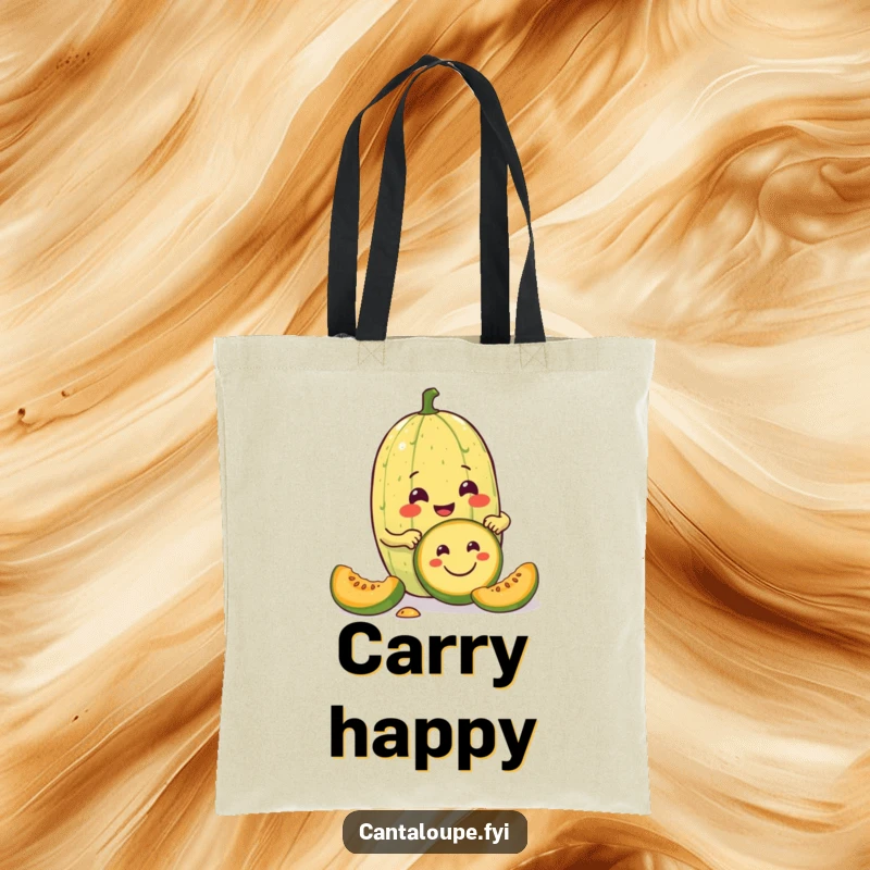 Funny tote bag featuring a cantaloupe character enthusiastically carving a smiley face into a smaller melon, ready for your supplies.