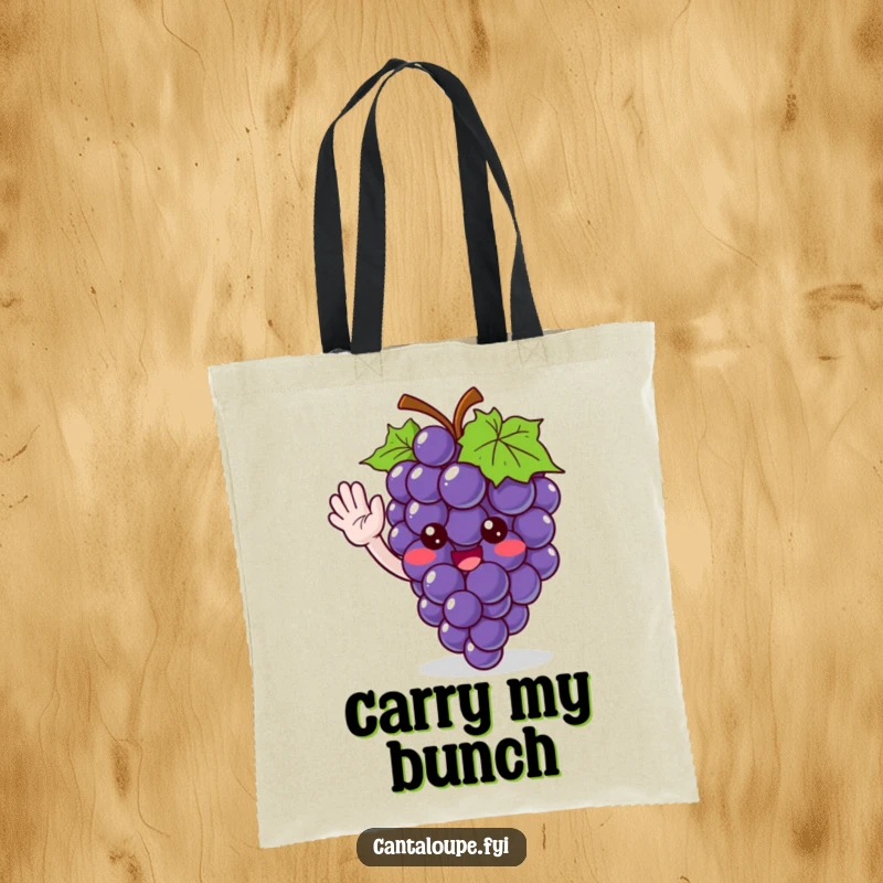 Funny tote bag featuring a cute grape bunch character giving a friendly wave, perfect for carrying everyday items with fruity flair.