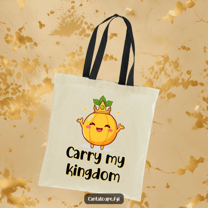 Funny Tote Bag: A regal cantaloupe with a crown poses joyfully. Perfect for carrying essentials with style. Funny gift.