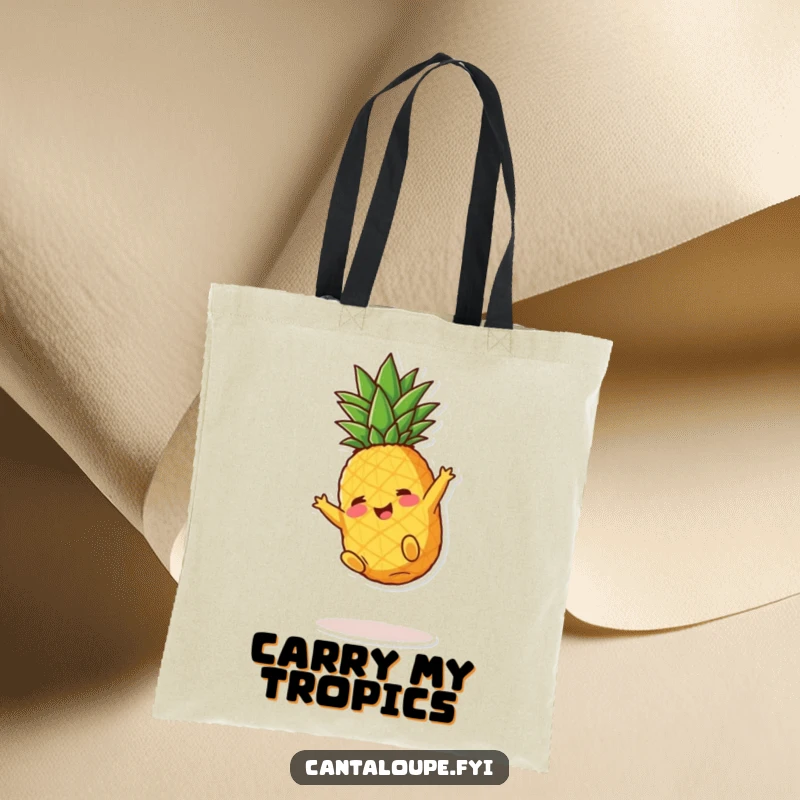 Funny Pineapple Tote Bag: A playful pineapple chunk character doing a somersault, perfect for carrying groceries with a grin.