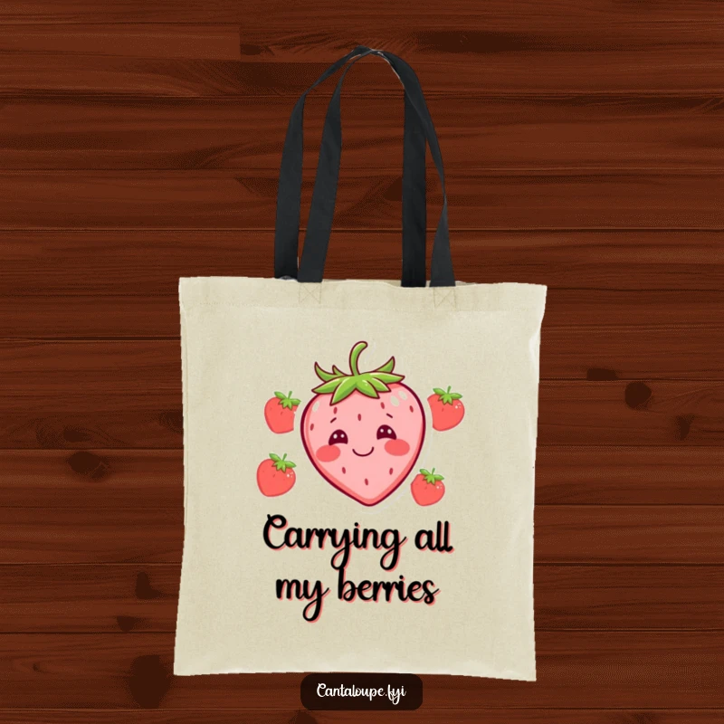 Funny tote bag showcasing a happy strawberry character making a funny, exaggerated silly face, perfect for carrying essentials humorously.
