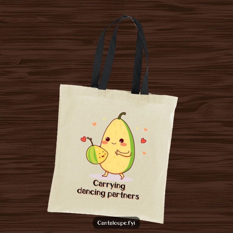 Funny Tote Bag: An anthropomorphic cantaloupe dances a merry waltz with another fruit, perfect for carrying items with a fruity flair.