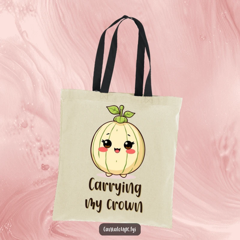 Funny Tote Bag: Cantaloupe character wearing a tiny stem hat with pride, a stylish and humorous accessory for daily use.