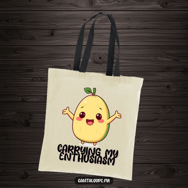 Funny tote bag showcasing a cute cantaloupe wedge character with arms outstretched, cheering with excitement.