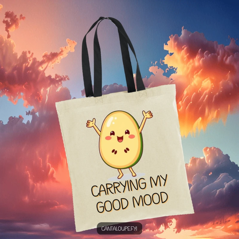 Funny cantaloupe character joyfully dancing on a stylish tote bag, perfect for carrying groceries humorously.