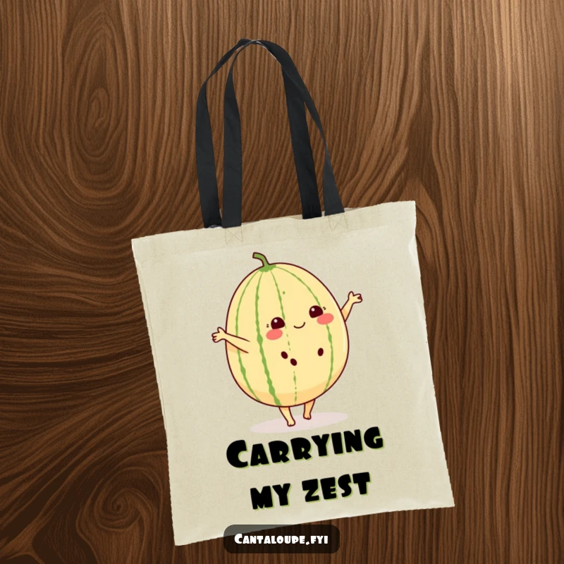 Funny tote bag with a cheerful cantaloupe with small feet, doing a cartwheel with delight.