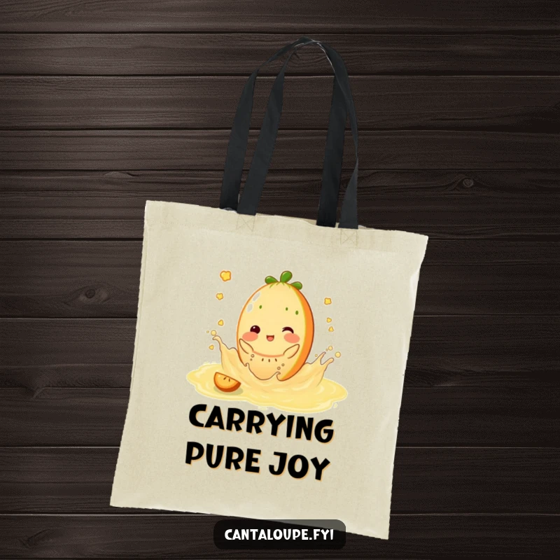 Funny Tote Bag: Cantaloupe character splashing playfully in sweet juice, a fun accessory for poolside or market trips.
