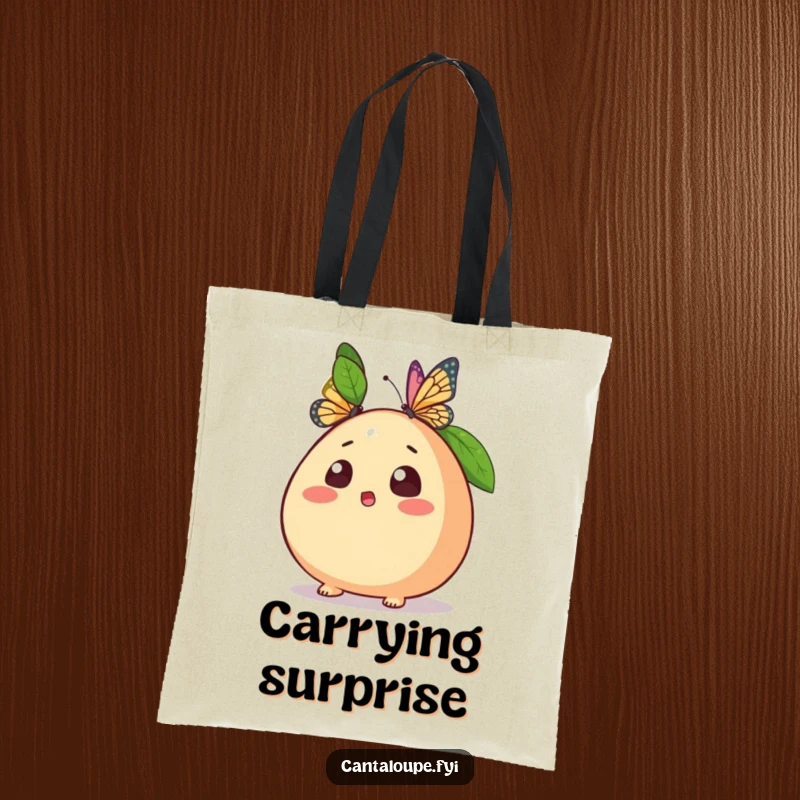 Funny tote bag featuring a surprised cantaloupe character recoiling slightly as a butterfly lands nearby, ideal for errands.