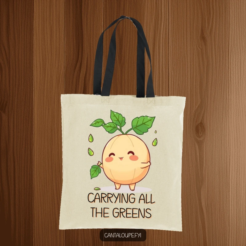 Funny cantaloupe character masterfully juggling leaves, printed on a durable tote bag, ready for errands and amusement.