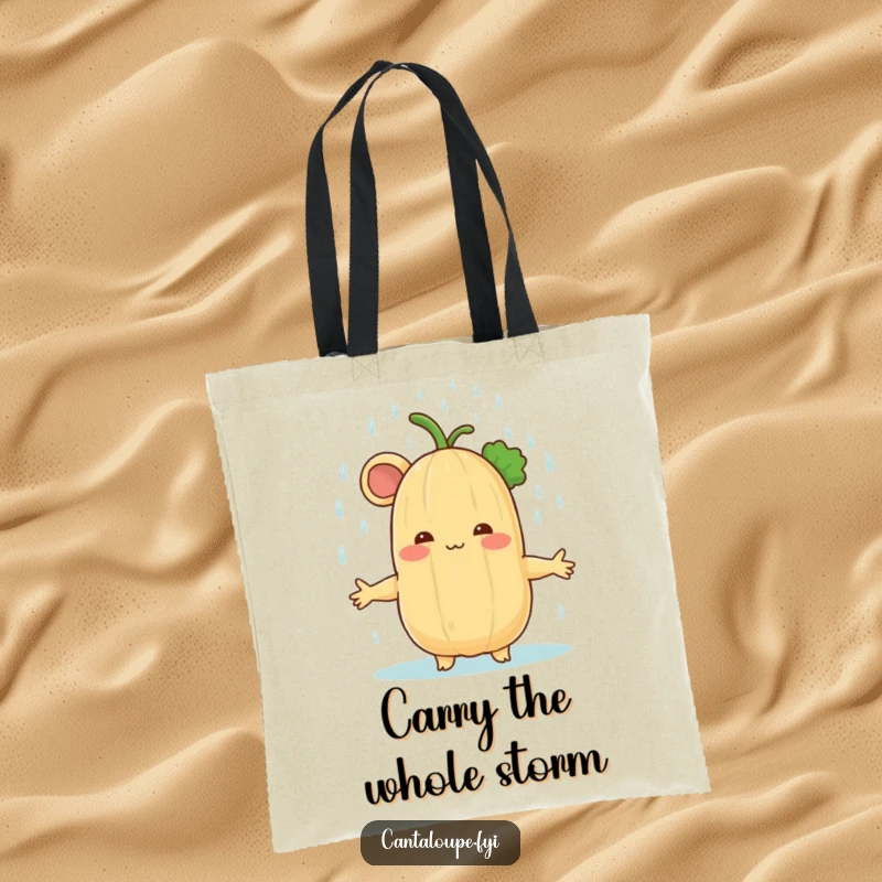 Funny cantaloupe character enjoying a rain shower on a tote bag, symbolizing peace and carrying capacity for everyday essentials.