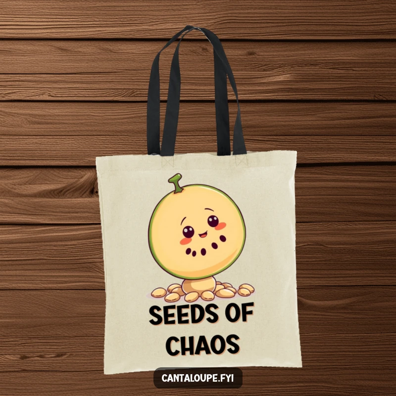 Funny tote bag showcasing a wobbly cantaloupe slice character trying to balance on seeds, perfect for carrying groceries.