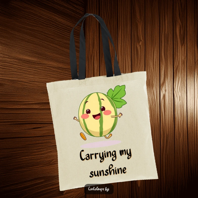Funny Cantaloupe Tote Bag with a beaming cantaloupe segment character performing a lively, bouncy step, great for shopping.