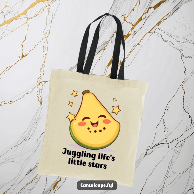 Funny Tote Bag depicting a happy cantaloupe slice expertly juggling two miniature stars, bringing smiles everywhere.
