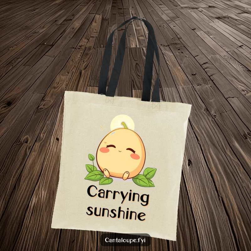 Funny tote bag illustrating a cantaloupe character peacefully enjoying a sunbeam with eyes closed, ideal for carrying essentials.