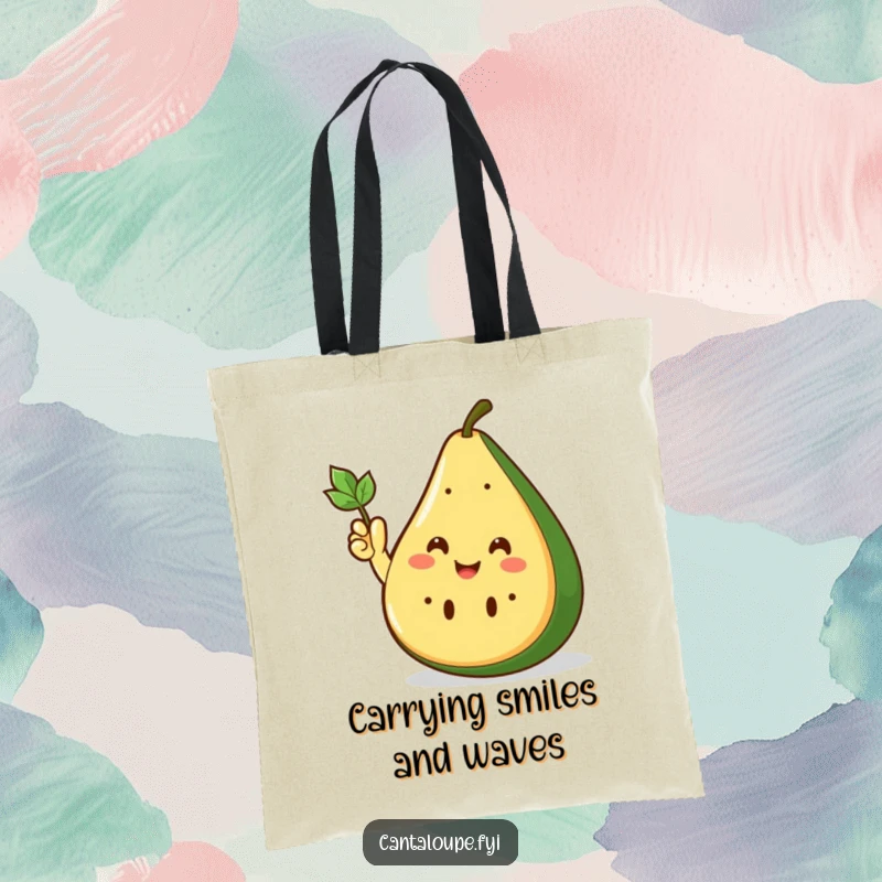 Funny Tote Bag with a smiling cantaloupe wedge enthusiastically waving using its small leafy hand, a friendly companion.