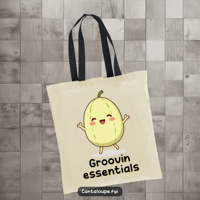 Funny tote bag featuring a cantaloupe character doing a spontaneous, happy dance, ready to carry your items with fruity enthusiasm.