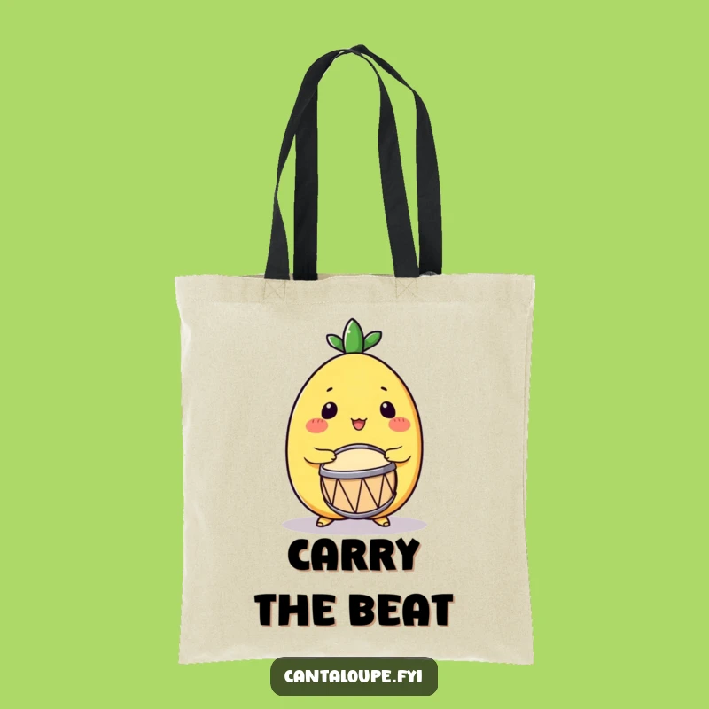 Funny Drumming Cantaloupe Tote Bag: Excited Melon Character, Carry the Beat